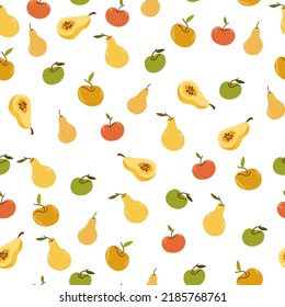 Fruit seamless pattern. Apples and pears background. Harvest. Ripe farm fruits. Perfect for textile, printing, scrapbooking, wallpaper. Vector flat illustration isolated on the white background. 