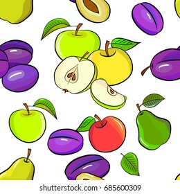 Fruit seamless pattern with apples, pears and plums on white background. Food background for textile, paper, decoration and wrapping. Vector illustration.