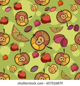 Fruit seamless pattern, apples, plums, lemons, summer background. Fresh apples, lemons, strawberry, tasty background