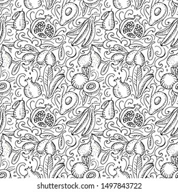 Fruit seamless pattern. Avocado, pomegranate, lemon, banana, plum, pear Tropical fruits texture. Doodle food background.