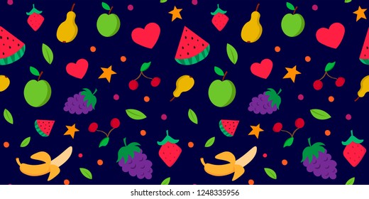 fruit seamless pattern. Banana, pear, watermelon, apple, cherry.