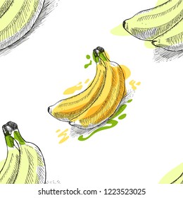 Fruit seamless pattern banana sketch hand drawn color watercolor splash drop isolated on white background. Vector 