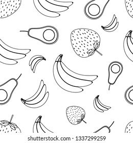 Fruit seamless pattern of banana, strawberry and avocado  in outline style design vector illustration eps 10