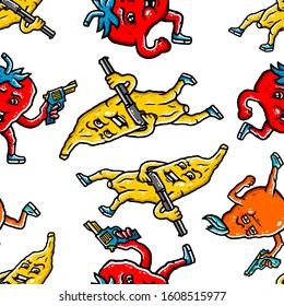Fruit Seamless Pattern. Banana, Watermelon, Pear, Strawberry Seamless Pattern. Cartoon Fruit With Guns on white background isolated. Stock Vector Illustration. Cartoon style.