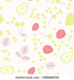 Fruit seamless pattern with berries and leaves. Pattern with strawberries and cherries.