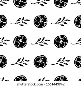 Fruit seamless pattern in black and white colors. Modern, textured, block style. Vector illustration for fashion fabric, wrapping, packaging, surface design. Includes orange and branch of leaves.