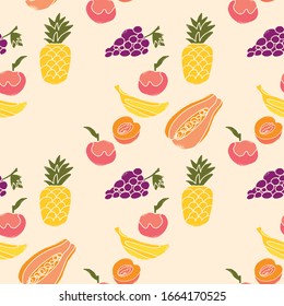 Fruit seamless pattern of bright colors on light background. Vector illustration for fashion fabric, wrapping, packaging, surface design. Includes pineapple, papaya, peach, grapes etc.