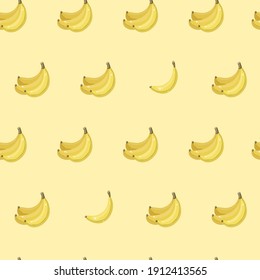 Fruit seamless pattern with cartoon bananas on yellow background, vector illustration