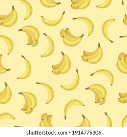 Patrón de frutas sin fisuras con bananas de dibujos animados sobre fondo amarillo, ilustración vectorial