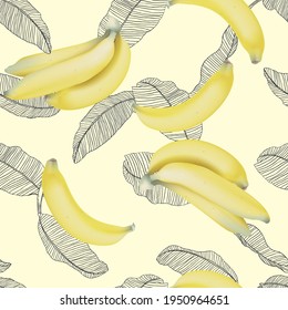 Fruit seamless pattern, Cavendish bananas with leaves on bright yellow