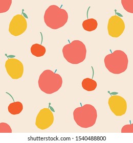 Fruit seamless pattern. Seamless pattern with cherry, apple, lemon. Seamless vector background.