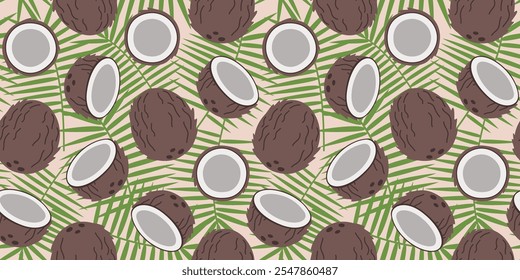 Fruto padrão sem emenda com coco e folhas em design plano. Ilustração de vetor simples.
