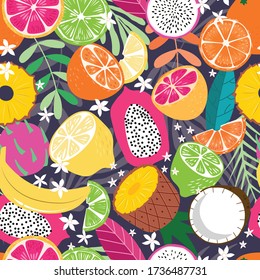 Patrón de fruta sin fisuras, colección de frutas tropicales exóticas con plantas y flores sobre fondo morado oscuro. Diseño vibrante de verano. Ilustración vectorial colorida