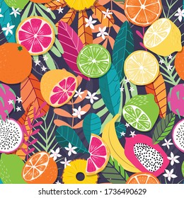 Fruit seamless pattern, collection of exotic tropical fruits with plants and flowers on dark purple background. Summer vibrant design. Colorful vector illustration