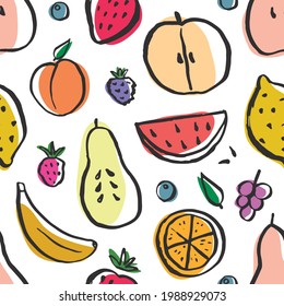Fruit seamless pattern, collection of juicy fruits, apple, pear, strawberry, orange slice, peach, plum, banana, watermelon, papaya, grapes, lemon and berries background, vector illustration.