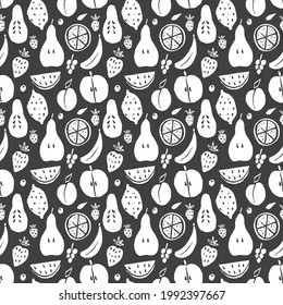 Fruit seamless pattern, collection of juicy fruits, apple, pear, strawberry, orange slice, peach, plum, banana, watermelon, papaya, grapes, lemon and berries background, vector illustration.