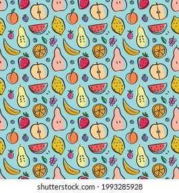 Fruit seamless pattern, collection of juicy fruits, apple, pear, strawberry, orange slice, peach, plum, banana, watermelon, papaya, grapes, lemon and berries background, vector illustration.