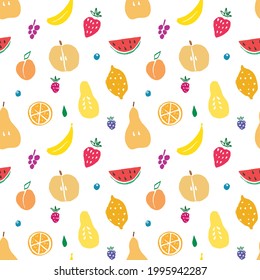 Fruit seamless pattern, collection of juicy fruits, apple, pear, strawberry, orange slice, peach, plum, banana, watermelon, papaya, grapes, lemon and berries background, vector illustration.