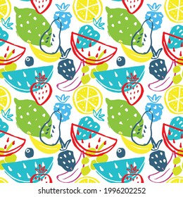 Fruit seamless pattern, collection of juicy fruits, apple, pear, strawberry, orange slice, peach, plum, banana, watermelon, papaya, grapes, lemon and berries background, vector illustration.