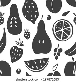 Fruit seamless pattern, collection of juicy fruits, apple, pear, strawberry, orange slice, peach, plum, banana, watermelon, papaya, grapes, lemon and berries background, vector illustration.