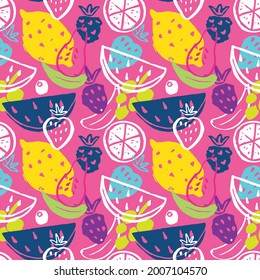 Fruit seamless pattern, collection of juicy fruits, apple, pear, strawberry, orange slice, peach, plum, banana, watermelon, papaya, grapes, lemon and berries background, vector illustration.