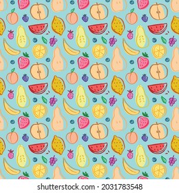 Fruit seamless pattern, collection of juicy fruits, apple, pear, strawberry, orange slice, peach, plum, banana, watermelon, papaya, grapes, lemon and berries background, vector illustration.