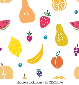 Fruit seamless pattern, collection of juicy fruits, apple, pear, strawberry, orange slice, peach, plum, banana, watermelon, papaya, grapes, lemon and berries background, vector illustration.