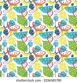 Patrón de frutas sin fisuras, colección de frutas jugosas, manzana, pera, fresa, rodaja naranja, melocotón, ciruela, plátano, sandía, papaya, uva, fondo de limón y bayas, ilustración vectorial.