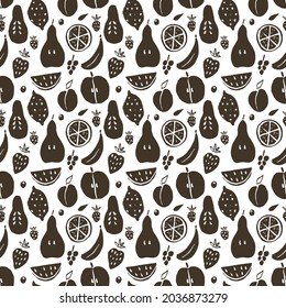 Fruit seamless pattern, collection of juicy fruits, apple, pear, strawberry, orange slice, peach, plum, banana, watermelon, papaya, grapes, lemon and berries background, vector illustration.
