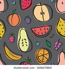 Fruit seamless pattern, collection of juicy fruits, apple, pear, strawberry, orange slice, peach, plum, banana, watermelon, papaya, grapes, lemon and berries background, vector illustration.