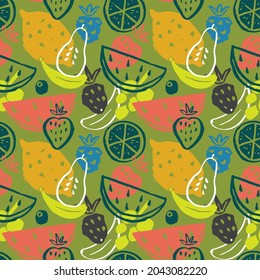 Fruit seamless pattern, collection of juicy fruits, apple, pear, strawberry, orange slice, peach, plum, banana, watermelon, papaya, grapes, lemon and berries background, vector illustration.