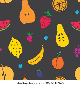 Patrón de frutas sin fisuras, colección de frutas jugosas, manzana, pera, fresa, rodaja naranja, melocotón, ciruela, plátano, sandía, papaya, uva, fondo de limón y bayas, ilustración vectorial.