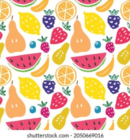 Fruit seamless pattern, collection of juicy fruits, apple, pear, strawberry, orange slice, peach, plum, banana, watermelon, papaya, grapes, lemon and berries background, vector illustration.