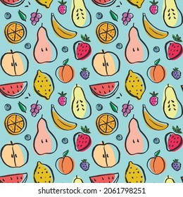 Fruit seamless pattern, collection of juicy fruits, apple, pear, strawberry, orange slice, peach, plum, banana, watermelon, papaya, grapes, lemon and berries background, vector illustration.