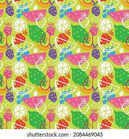 Fruit seamless pattern, collection of juicy fruits, apple, pear, strawberry, orange slice, peach, plum, banana, watermelon, papaya, grapes, lemon and berries background, vector illustration.