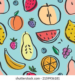 Patrón de frutas sin fisuras, colección de frutas jugosas, manzana, pera, fresa, rodaja naranja, melocotón, ciruela, plátano, sandía, papaya, uva, fondo de limón y bayas, ilustración vectorial.