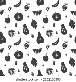 Fruit seamless pattern, collection of juicy fruits, apple, pear, strawberry, orange slice, peach, plum, banana, watermelon, papaya, grapes, lemon and berries background, vector illustration.