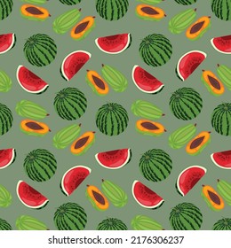 Fruit seamless pattern, collection of juicy fruits, apple, pear, plum, watermelon, papaya background. Seamless pattern texture design.