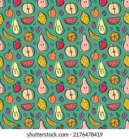 Fruit seamless pattern, collection of juicy fruits, apple, pear, strawberry, orange slice, peach, plum, banana, watermelon, papaya, grapes, lemon and berries background, vector illustration.