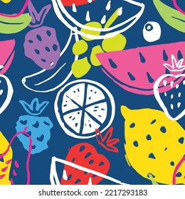 Fruit seamless pattern, collection of juicy fruits, apple, pear, strawberry, orange slice, peach, plum, banana, watermelon, papaya, grapes, lemon and berries background, vector illustration.