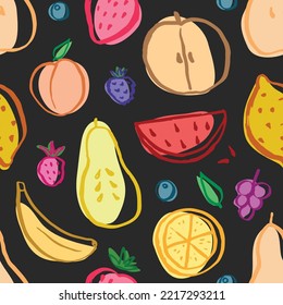 Patrón de frutas sin fisuras, colección de frutas jugosas, manzana, pera, fresa, rodaja naranja, melocotón, ciruela, plátano, sandía, papaya, uva, fondo de limón y bayas, ilustración vectorial.