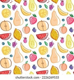 Fruit seamless pattern, collection of juicy fruits, apple, pear, strawberry, orange slice, peach, plum, banana, watermelon, papaya, grapes, lemon and berries background, vector illustration.