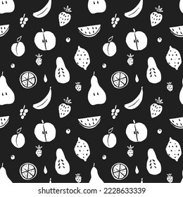 Fruit seamless pattern, collection of juicy fruits, apple, pear, strawberry, orange slice, peach, plum, banana, watermelon, papaya, grapes, lemon and berries background, vector illustration.