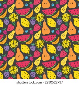 Fruit seamless pattern, collection of juicy fruits, apple, pear, strawberry, orange slice, peach, plum, banana, watermelon, papaya, grapes, lemon and berries background, vector illustration.
