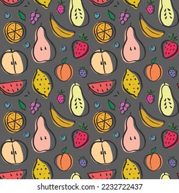 Patrón de frutas sin fisuras, colección de frutas jugosas, manzana, pera, fresa, rodaja naranja, melocotón, ciruela, plátano, sandía, papaya, uva, fondo de limón y bayas, ilustración vectorial.