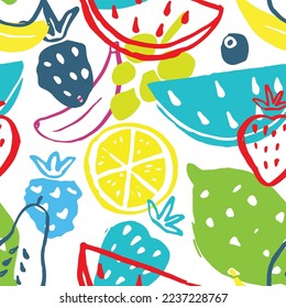 Fruit seamless pattern, collection of juicy fruits, apple, pear, strawberry, orange slice, peach, plum, banana, watermelon, papaya, grapes, lemon and berries background, vector illustration.