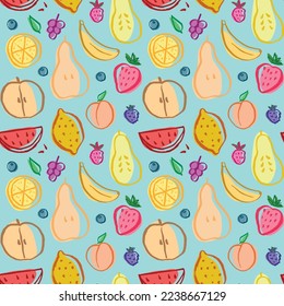 Fruit seamless pattern, collection of juicy fruits, apple, pear, strawberry, orange slice, peach, plum, banana, watermelon, papaya, grapes, lemon and berries background, vector illustration.