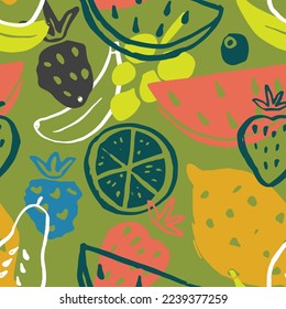 Fruit seamless pattern, collection of juicy fruits, apple, pear, strawberry, orange slice, peach, plum, banana, watermelon, papaya, grapes, lemon and berries background, vector illustration.