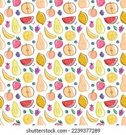 Fruit seamless pattern, collection of juicy fruits, apple, pear, strawberry, orange slice, peach, plum, banana, watermelon, papaya, grapes, lemon and berries background, vector illustration.