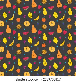 Fruit seamless pattern, collection of juicy fruits, apple, pear, strawberry, orange slice, peach, plum, banana, watermelon, papaya, grapes, lemon and berries background, vector illustration.